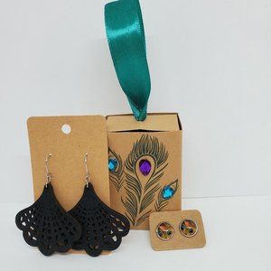 Lot of 2 KL Sparkles Jewelry Earrings "Elegant Peacock" Woodcut Dangle Stud